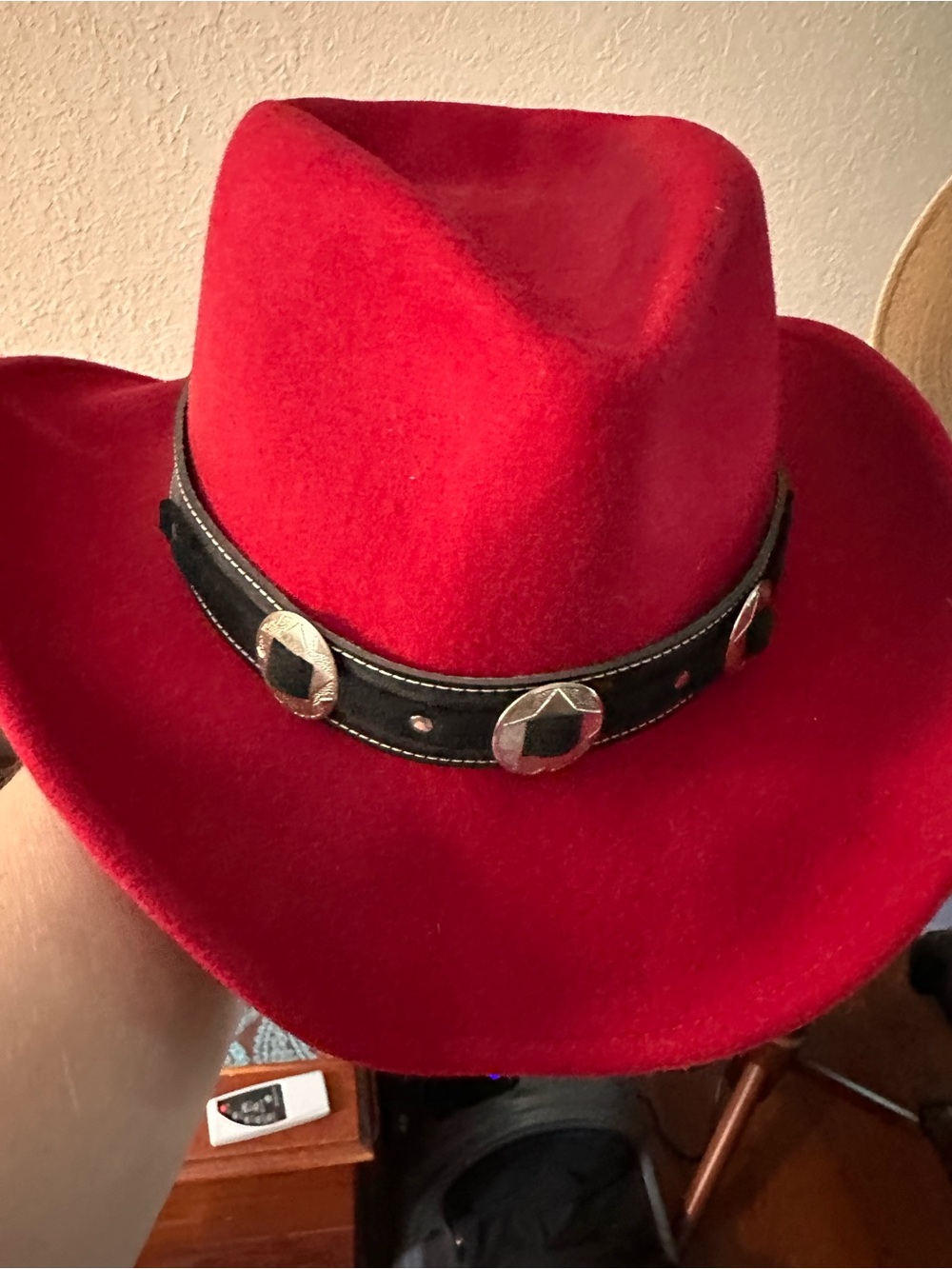 Silver Jeans Red Felt Cowboy Hat with Black Studded Band